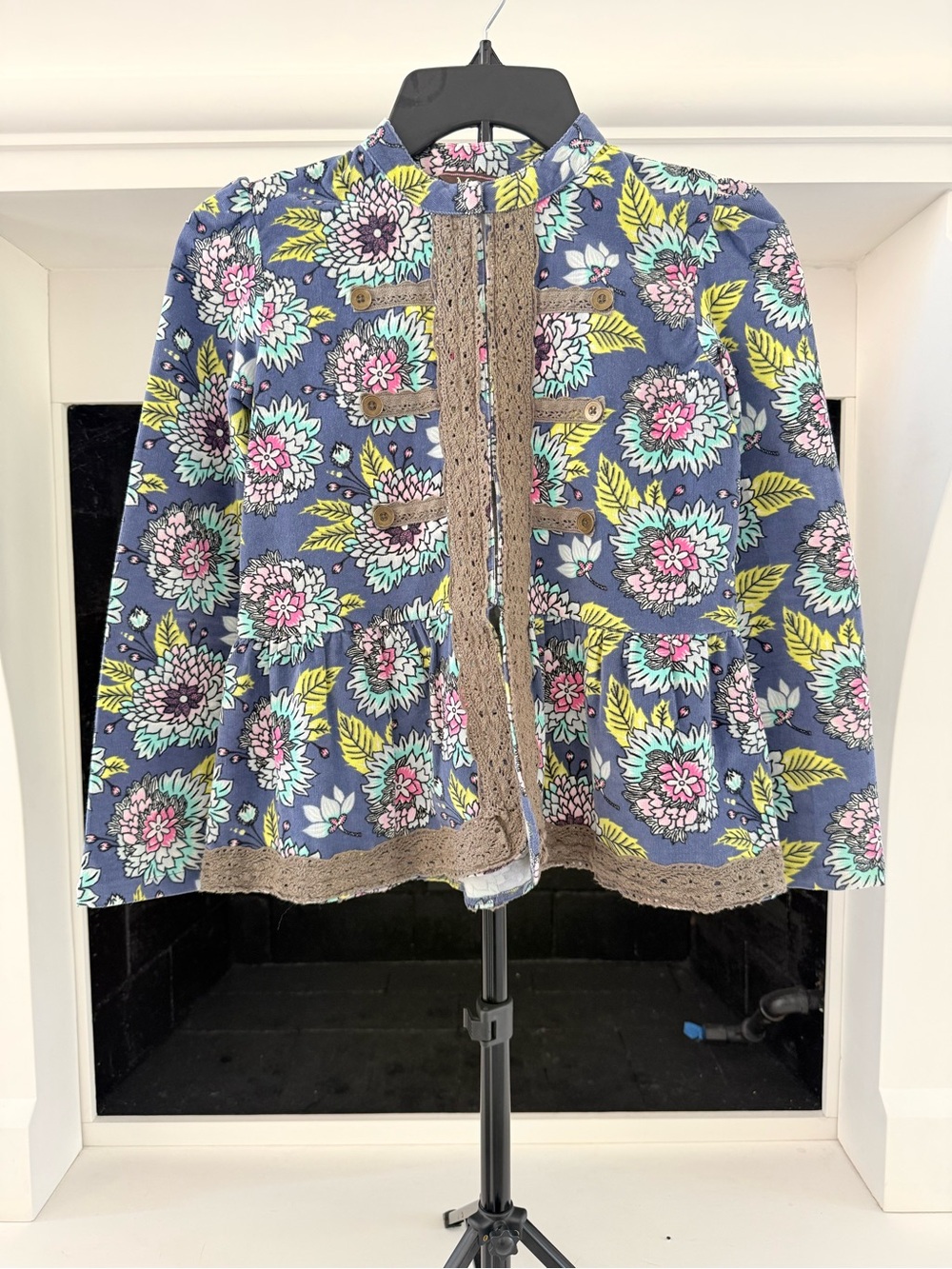 Mustard Pie Navy Floral Crochet-Trim Jacket- Girls 12